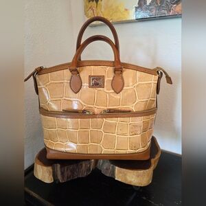 Dooney & Bourke Tan Croc-Embossed Leather Satchel with Brown Trim